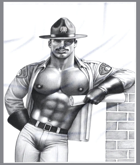 A black and white pencil Tom of Finland style illustration of a muscular gay man in a police uniform with an open shirt, wearing a campaign hat and leaning against a brick wall while holding a rolled-up document. For sale in The Pink Rocket New Orleans gay gift shop.