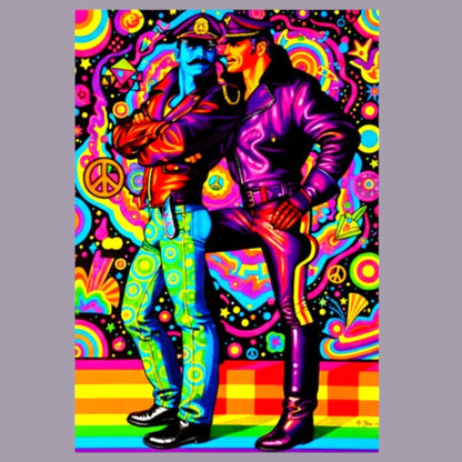 A vibrant, psychedelic pop art print featuring two hunky leathermen in retro military-style uniforms, rendered in bright neon colors against a swirling rainbow background. For sale in The Pink Rocket New Orleans gay gift shop.
