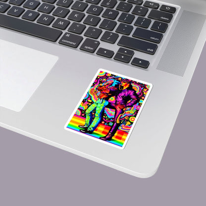A vibrant, psychedelic pop art psticker on a laptop featuring two hunky leathermen in retro military-style uniforms, rendered in bright neon colors against a swirling rainbow background. For sale in The Pink Rocket New Orleans gay gift shop.
