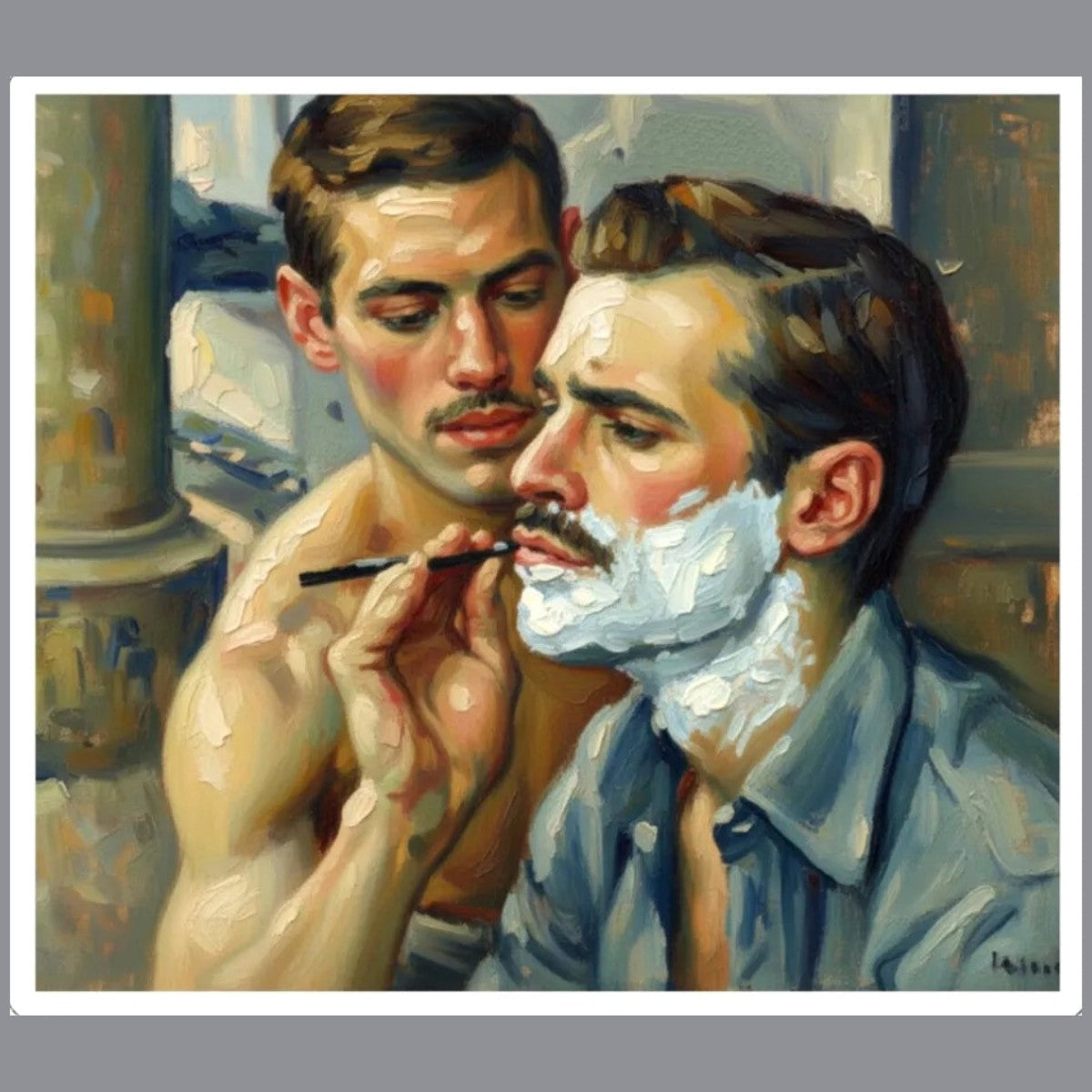 An oil painting sticker depicting a bearded gay man with white shaving foam while another man shaves his face. Designed and sold in The Pink Rocket New Orleans gay owned gift shop.