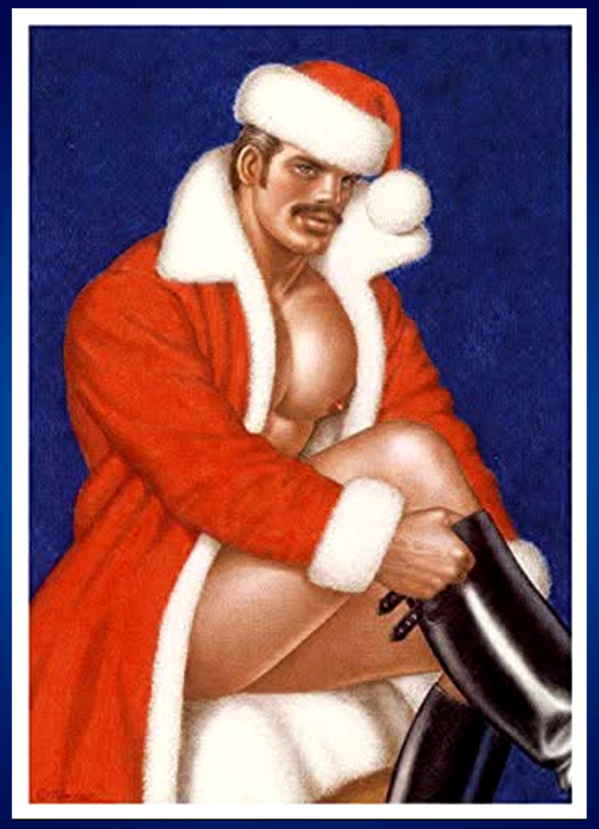 Vintage-style illustrated pin-up art of a shirtless gay Santa man with a mustache wearing a red Santa-style robe with white fur trim, a Santa hat, and black boots. Sold in The Pink Rocket New Orleans a gay owned small business.