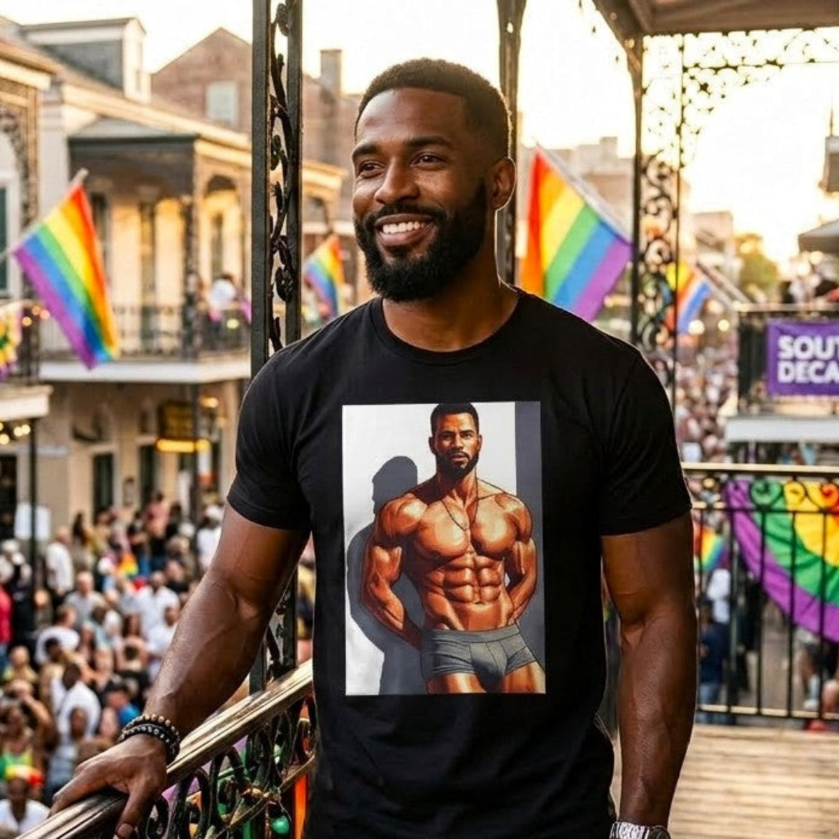 A black short-sleeve crewneck t-shirt featuring a large graphic print on the front of a gay black muscular male bodybuilder posing in gray briefs. Designed and sold in The Pink Rocket New Orleans gift shop.