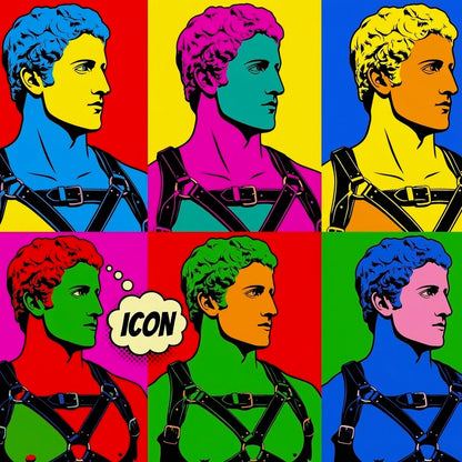 Custom graphic of six pop art Apollos with a thought bubble saying "Icon" designed and sold in The Pink Rocket New Orleans gay owned gift shop.