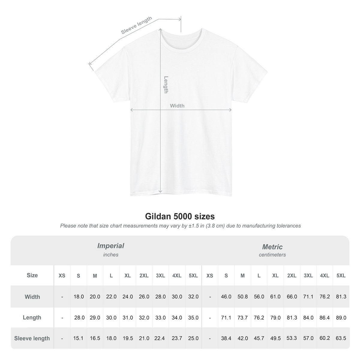 A size chart graphic for a white short-sleeve T-shirt, showing a front view with labeled sleeve length, length, and width, plus a size table below with imperial and metric measurements for Gildan 5000 sizes. The Pink Rocket New Orleans gay owned gift shop.