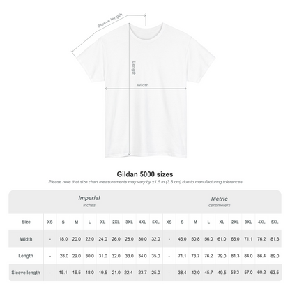 A size chart graphic for a white short-sleeve T-shirt, showing a front view with labeled sleeve length, length, and width, plus a size table below with imperial and metric measurements for Gildan 5000 sizes. The Pink Rocket New Orleans gay owned gift shop.