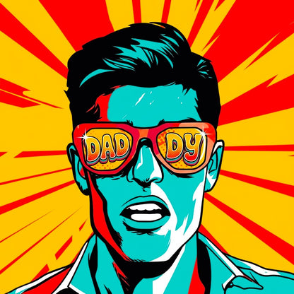 Pop-art style illustration of a man's face wearing red sunglasses with 'DADDY' written on the lenses, set against a red and yellow sunburst background. Shop The Pink Rocket New Orleans gay owned gift and apparel shop.
