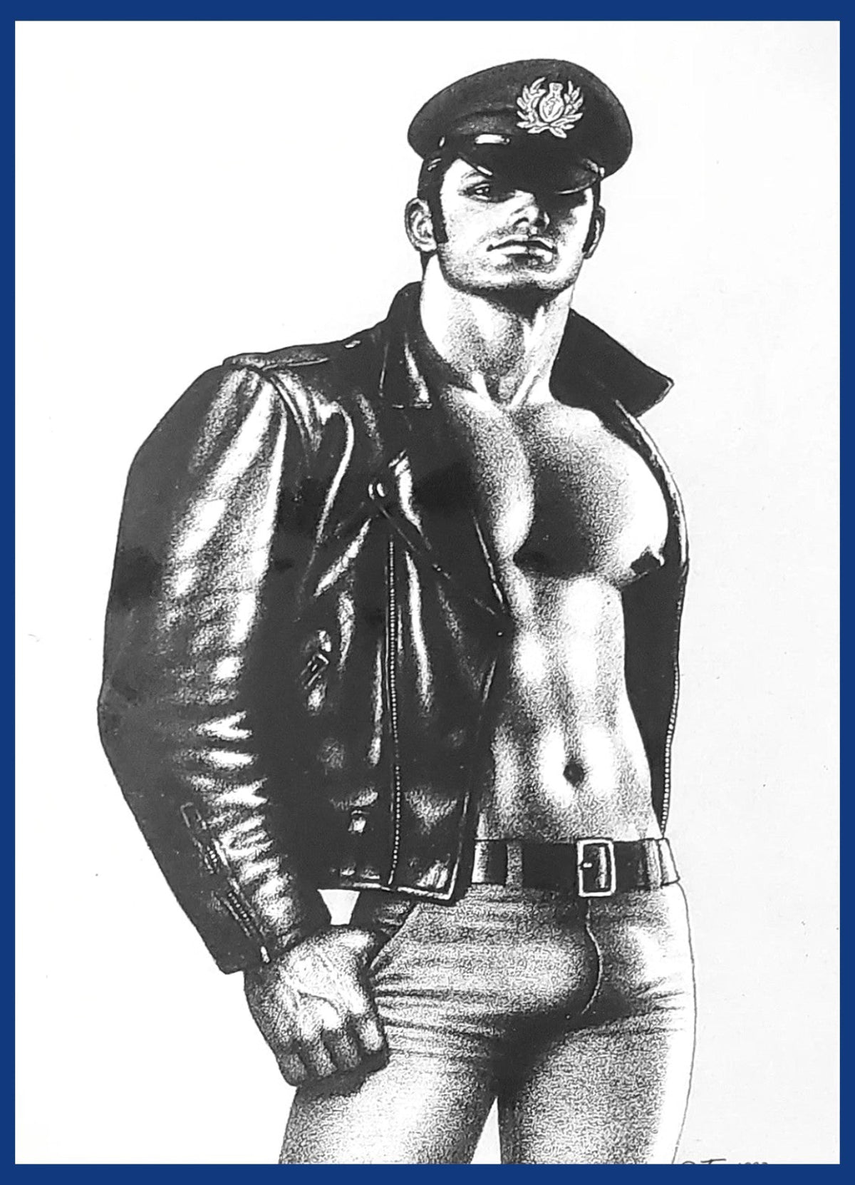 A black and white graphic illustration of a muscular gay male leatherman wearing a military-style cap, an open leather jacket. Sold in The Pink Rocket New Orleans a gay owned gift shop.