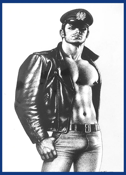 A black and white graphic illustration of a muscular gay male leatherman wearing a military-style cap, an open leather jacket. Sold in The Pink Rocket New Orleans a gay owned gift shop.