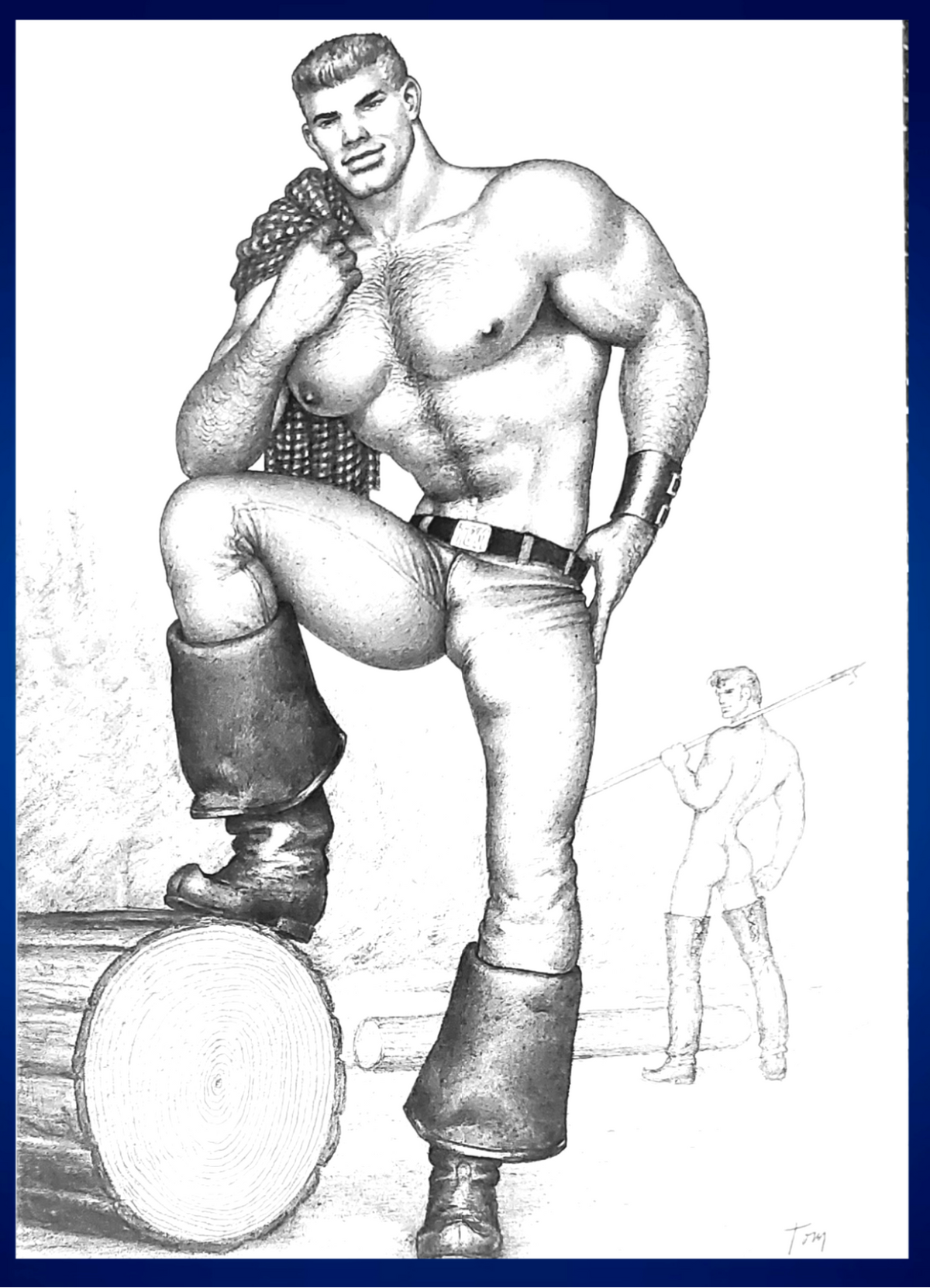 A black and white authentic Tom of Finland pencil-style illustration photograph page of a muscular shirtless man posing on a log, wearing pants and tall boots, with a smaller figure in the background. The artwork is framed by a blue border. For sale in The Pink Rocket New rleans gay gift shop.