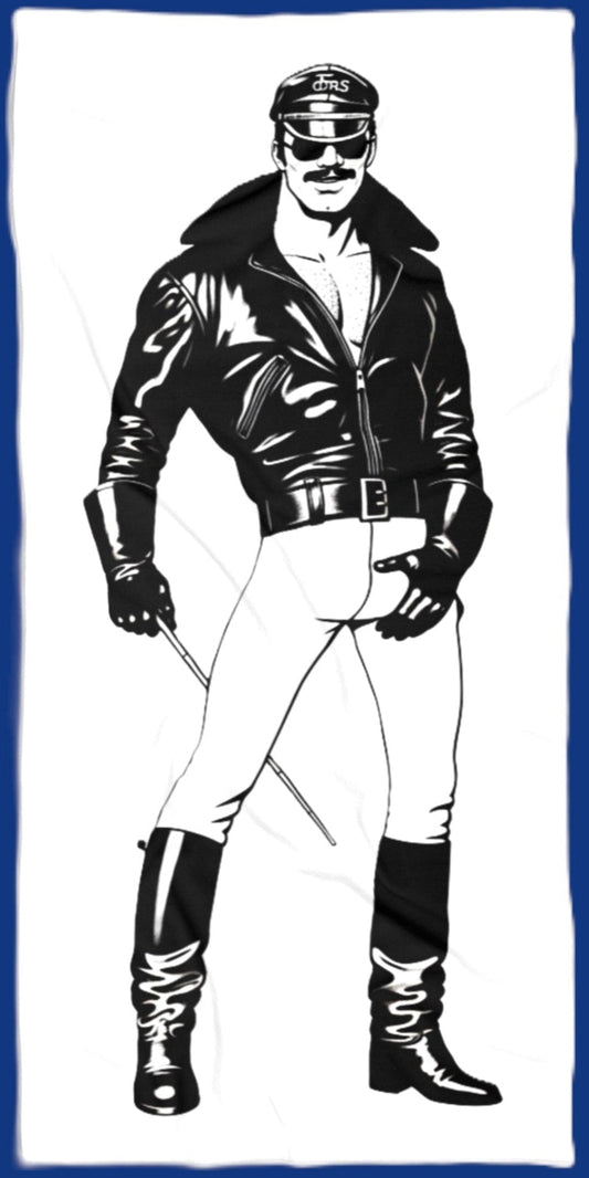 A rectangular white towel or blanket featuring a black-and-white graphic illustration of a stylized man in a leather jacket, sunglasses, white pants, and tall boots, centered on a solid blue background.