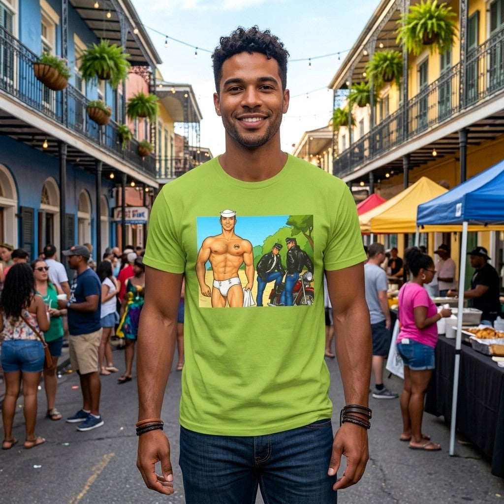 A man wearing a bright green t-shirt with a graphic print of a hunky muscular man in white briefs, standing outdoors being crusied by sey motercycle men in leather. Designed and sold in The Pink Rocket New Orleans gift shop for gay men.