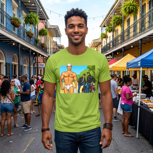 A man wearing a bright green t-shirt with a graphic print of a hunky muscular man in white briefs, standing outdoors being crusied by sey motercycle men in leather. Designed and sold in The Pink Rocket New Orleans gift shop for gay men.