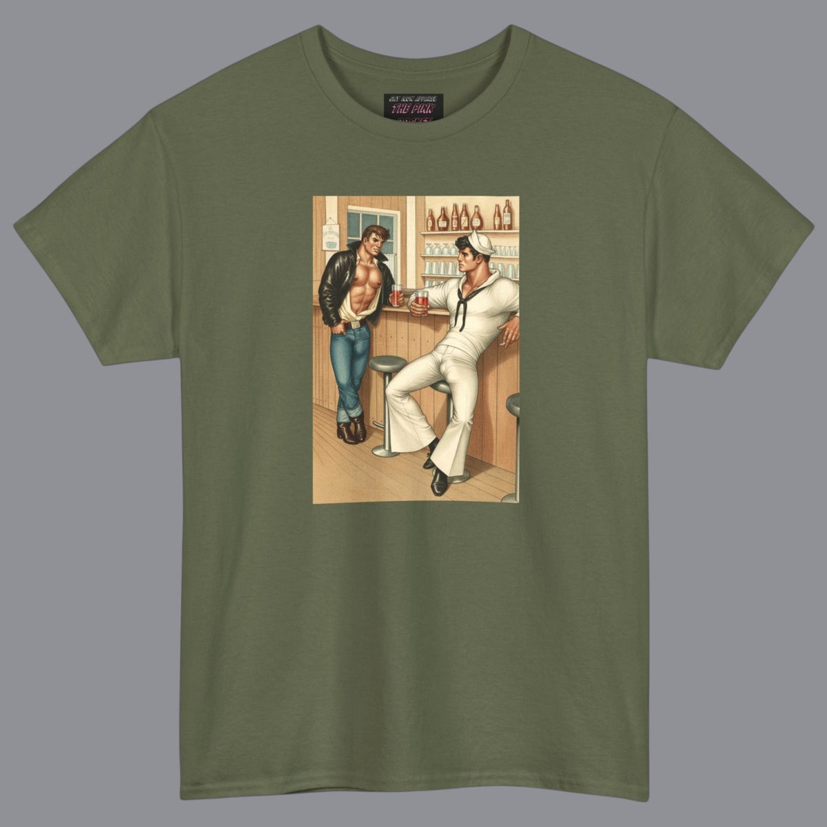 An olive green crewneck t-shirt featuring a vintage-style graphic print of hunky gay two men in a bar. For sale in The Pink Rocket New Orleans gay owned gift shop.