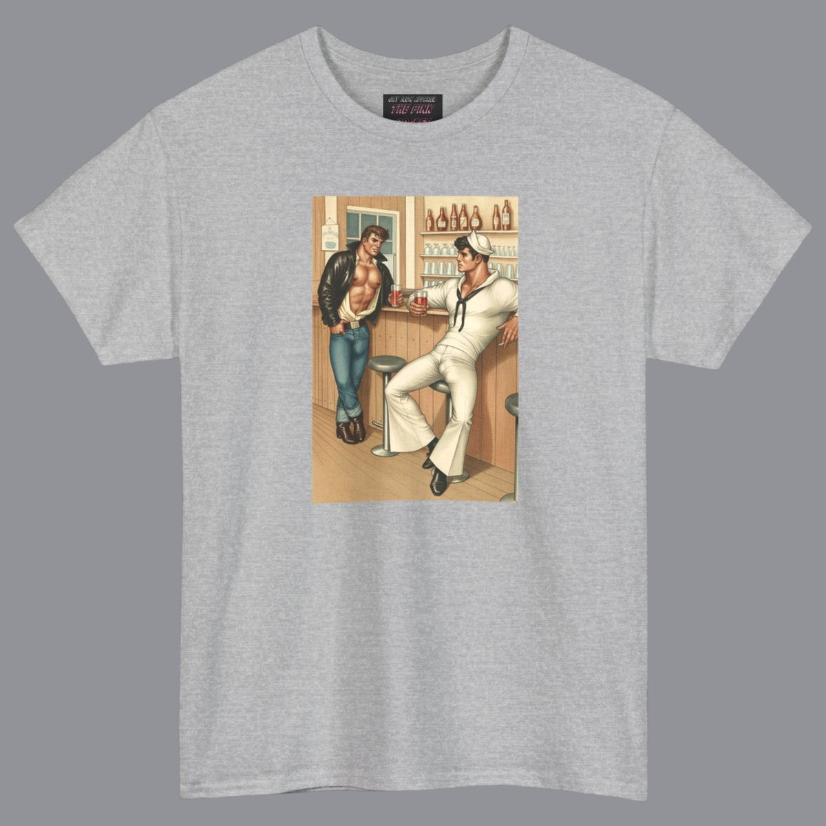 An gray crewneck t-shirt featuring a vintage-style graphic print of hunky gay two men in a bar. For sale in The Pink Rocket New Orleans gay owned gift shop.