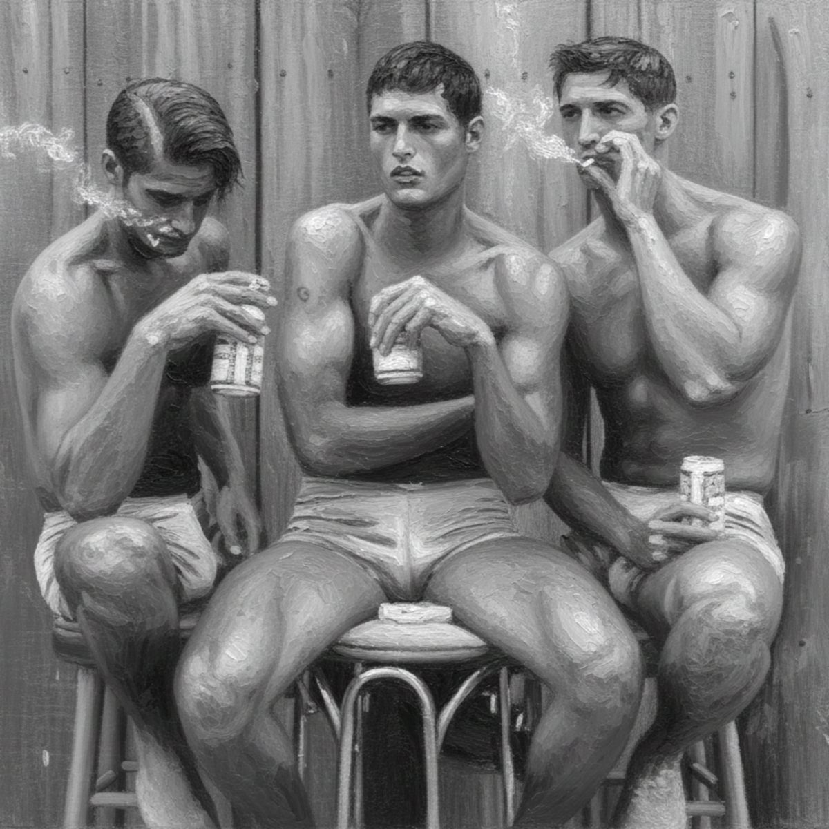 A monochrome decal with three shirtless gay men seated on stools against a wooden wall, each holding a can and smoking a cigarette. Gay erotic stickers from The Pink Rocket New Orleans gay gift shop.