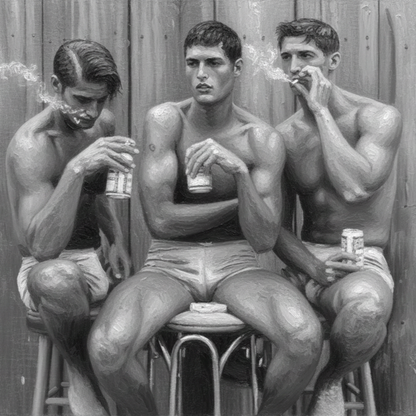 A monochrome decal with three shirtless gay men seated on stools against a wooden wall, each holding a can and smoking a cigarette. Gay erotic stickers from The Pink Rocket New Orleans gay gift shop.