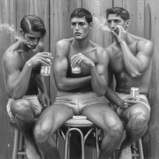 A monochrome decal with three shirtless gay men seated on stools against a wooden wall, each holding a can and smoking a cigarette. Gay erotic stickers from The Pink Rocket New Orleans gay gift shop.