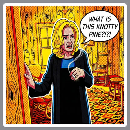 Pop art cartoon-style illustration of a coven witch standing in a room with wood-paneled walls, holding her hands up defensively, with the text 'WHAT IS THIS?! KNOTTY PINE?!?!!' at the bottom. For sale in The Pink Rocket New Orleans gay gift shop.